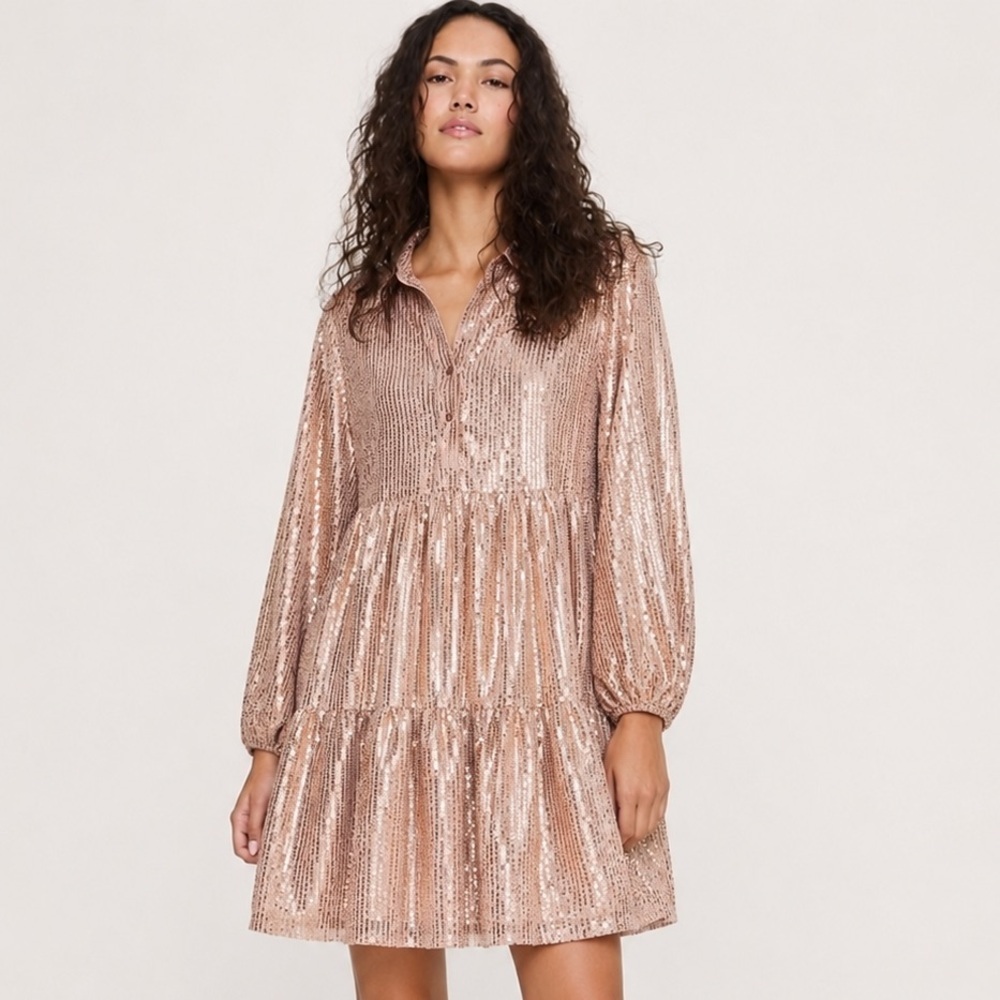 NWT! Anthropologie Maeve Bettina Sequined Tiered Mini Shirt Dress 🎆
